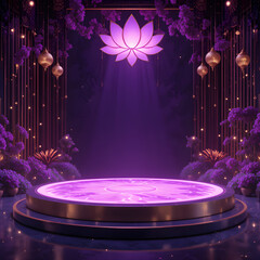 Elegant lotus flower centerpiece on stage with purple lighting and gold lanterns for luxury event backdrop