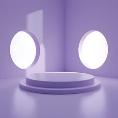 3D minimalist white spheres on stacked circular pedestals abstract design soft gradient purple background modern decor