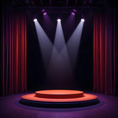 Empty theater stage with dramatic spotlight lighting and red curtains for performance, event, or presentation backdrop