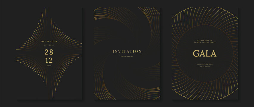 Luxury black and gold invitation vector set with geometric art deco patterns, line ornaments and sunburst frames. Elegant design for wedding, gala, party and event stationery.