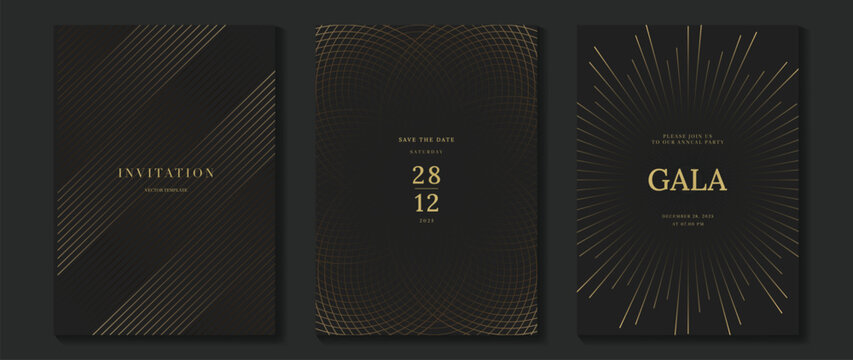 Luxury black and gold invitation vector set with geometric art deco patterns, line ornaments and sunburst frames. Elegant design for wedding, gala, party and event stationery.