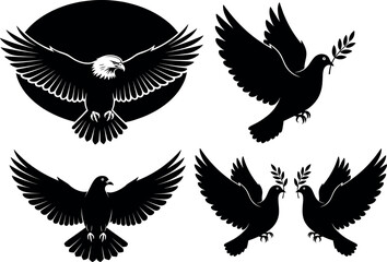 Fototapeta premium Bald Eagle and Peace Dove Silhouette Vector Set Featuring Flying Birds with Olive Branches Isolated on White Background for Graphic Design.