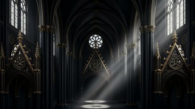 Gothic Cathedral Interior with Sunbeams Through Rose Window.