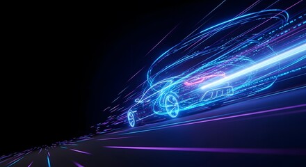 Neon lit futuristic car speeding through a dark tunnel with vibrant blue and purple lights