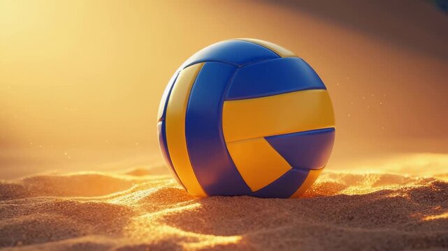 Volleyball Ball On Sandy Beach At Golden Sunset Light