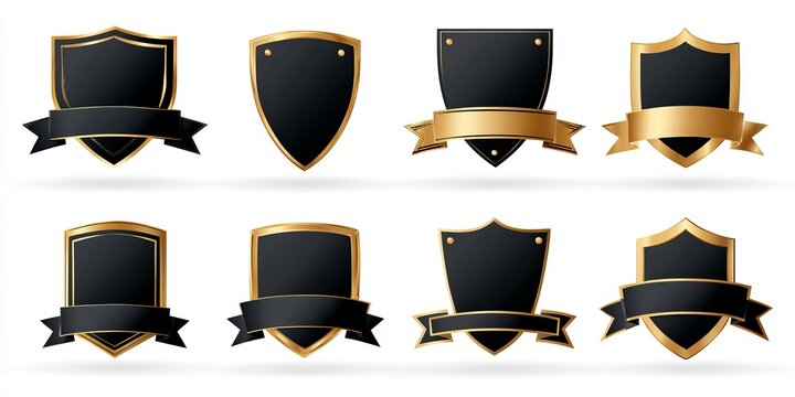 Set of black and gold shield badges with ribbons emblem