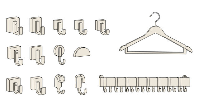 Assorted household wall hooks, a wooden clothes hanger, and a multi-hook rack for organizing garments and accessories.