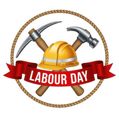 Labour day symbol with hard hat, pickaxe, and hammer isolated on transparent background