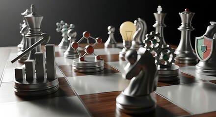 Chess Game Strategy with Metallic Pieces.