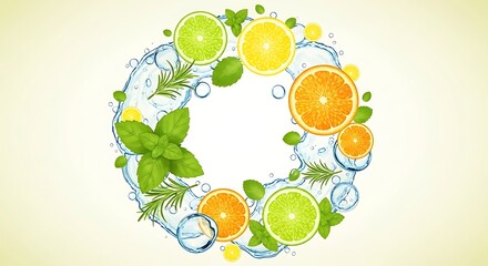 Citrus Fruits and Leaves in Circle.