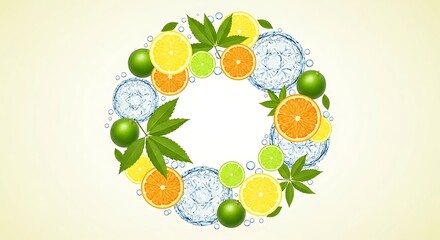 Citrus Fruits Wreath with Leaves and Ice.