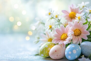 Easter eggs and flowers in pastel colors on a soft focus background with bokeh lights, symbolizing springtime and new life celebration