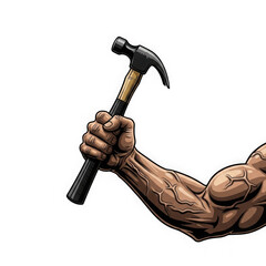 Muscular hand holding a hammer isolated on transparent background