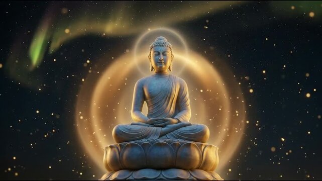 Mystical digital illustration honoring mahavir jayanti, showing the meditating tirthankara under a cosmic, starry night.