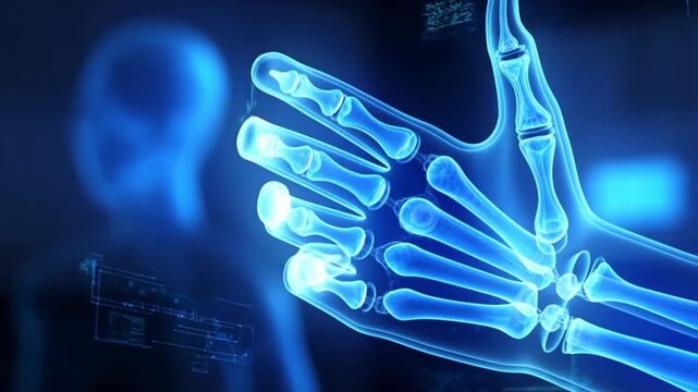 Cinematic X-ray scan of a human hand slowly opening and closing, glowing bones visible in a dark medical environment, futuristic HUD overlays, soft blue neon lighting, smooth camera pan. 