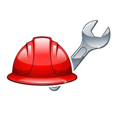 Red safety helmet and adjustable wrench icon isolated on transparent background