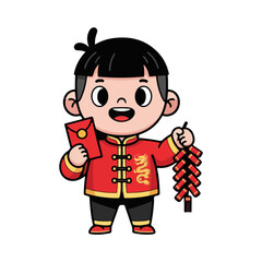 Chinese Boy with Red Envelope and Firecrackers Lunar New Year