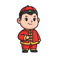 Chinese Boy in Traditional Red Clothes Cartoon Vector Illustration