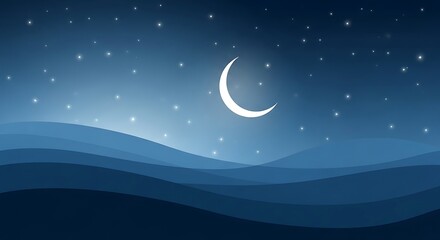 Crescent Moon Night Sky Landscape Illustration.