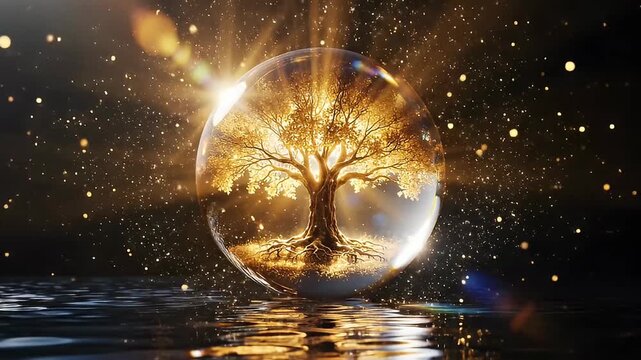 A majestic tree encased in a glowing orb, reflecting on serene water under a starry night sky