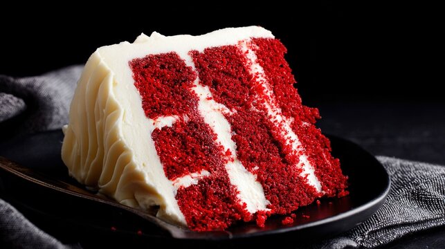 decadence. A luxurious red velvet cake with cream cheese frosting, showcasing rich tones against a dark minimalist backdrop. symbolizing life milestones and joyful moments.