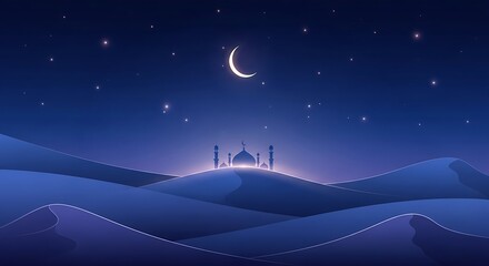 Desert Landscape with Mosque under Crescent Moon.