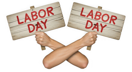 Two hands holding wooden signs with 'labor day' text isolated on transparent background