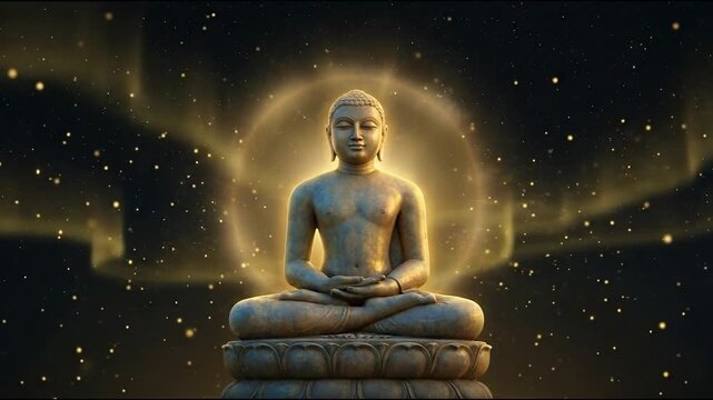 Serene mahavira statue meditating with a glowing golden halo against a dark, spiritual cosmic background.