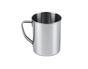A gleaming, empty, silver metal mug with a prominent handle, set against a black background