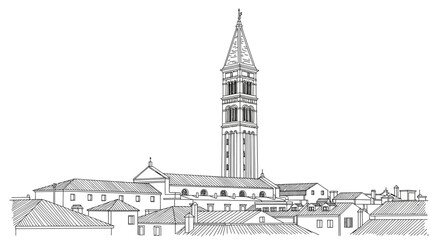 A captivating monochrome hand-drawn illustration showcases a classic European city skyline, with a majestic bell tower rising above traditional rooftops.