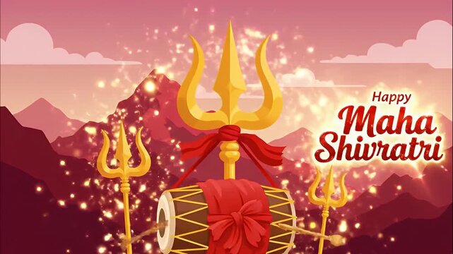 Celebrating Maha Shivratri with golden tridents and a drum against a mountain backdrop.