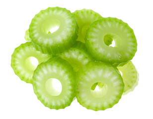Vibrant green celery slices, crisp and refreshing, arranged in a pile