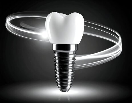 A dental implant with a white tooth on a silver screw