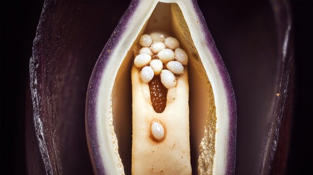 gibberellin. Macro view of tiny pearl-like ovules inside a lily's ovary, intricate biological detail. gardening catalogs, home-decor guides, designed for gardening and botanical catalogs.