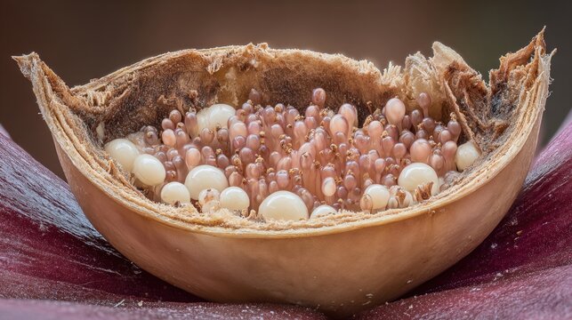 gibberellin. Macro view of tiny pearl-like ovules inside a lily's ovary, intricate biological detail. gardening catalogs, home-decor guides, designed for gardening and botanical catalogs.