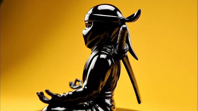 Side view of a black ninja figurine meditating against a bright yellow background.