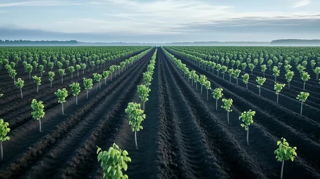 Endless Rows of Young Trees Cultivated in Fertile Farm Field Under Blue Sky