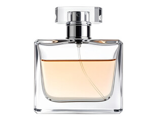 Elegant glass bottle of golden liquid, with silver and clear cap