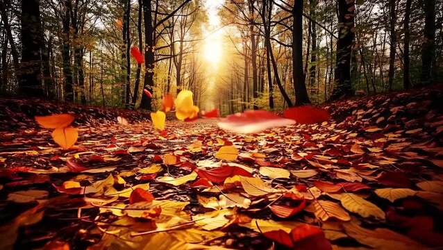 Autumn Forest Path Covered in Golden Leaves Sunlight Falling