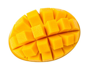 Vibrant, cubed mango halves, showcasing succulent yellow flesh