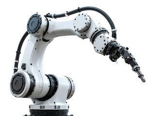 White articulated robotic arm with multi-jointed limb and gripper end effector
