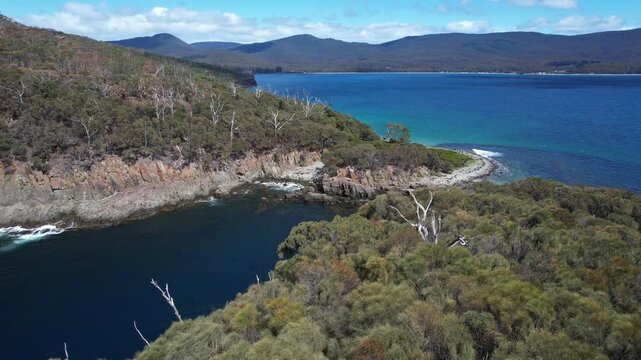 Coastal View of Jurassic Dolerite Cliffs on Bruny Island, Tasmania, Autralia - drone shot