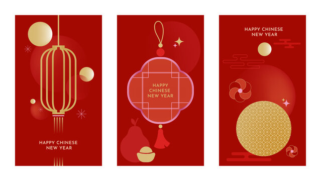 Chinese New Year red festive banner set with lantern and ornaments. Year of horse 2026. Suitable for posters, wallpaper, social media, mobile screens, and marketing design.