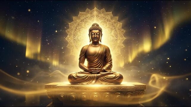 Detailed golden jina statue meditating peacefully, glowing with divine light and a mandala in a serene, dark celestial scene.