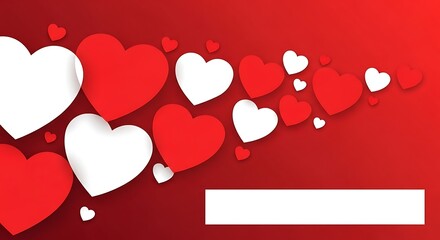 Red and white hearts on red background with blank white rectangle for text  valentines day  love and romance symbol
