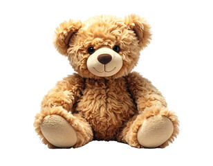 A fuzzy brown teddy bear with stitched features sits smiling