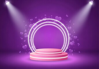 Obraz premium Neon-lit circular stage with glowing hearts and spotlights on purple background from va concept
