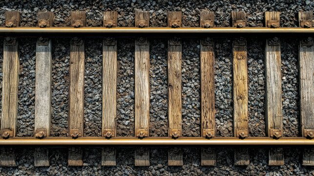 sleepers. Top-down view of parallel railway tracks and wooden sleepers creating geometric lines. mobility guides, transit brochures, designed for mobility and urban transit guides.