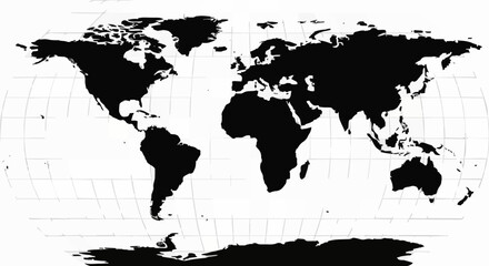 Black and white world map showing continents and oceans. © Reva