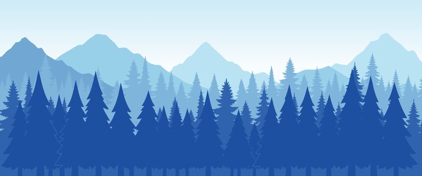 Illustration of a blue forest with pine trees and layered mountains creating a calm atmospheric natural landscape background